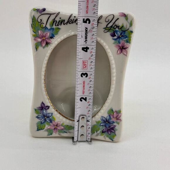 Vintage Porcelain Tabletop Picture Frame "Thinking of You" Blue & Purple Florals - Picture 5 of 6